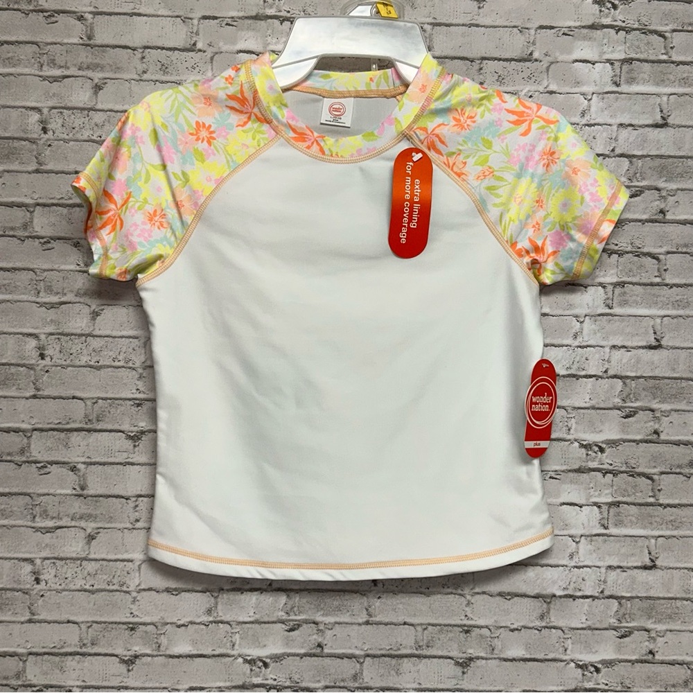 Wonder Nation Floral Short Sleeve Rash Guard Set 2pc L 10/12 White NEW NWT
